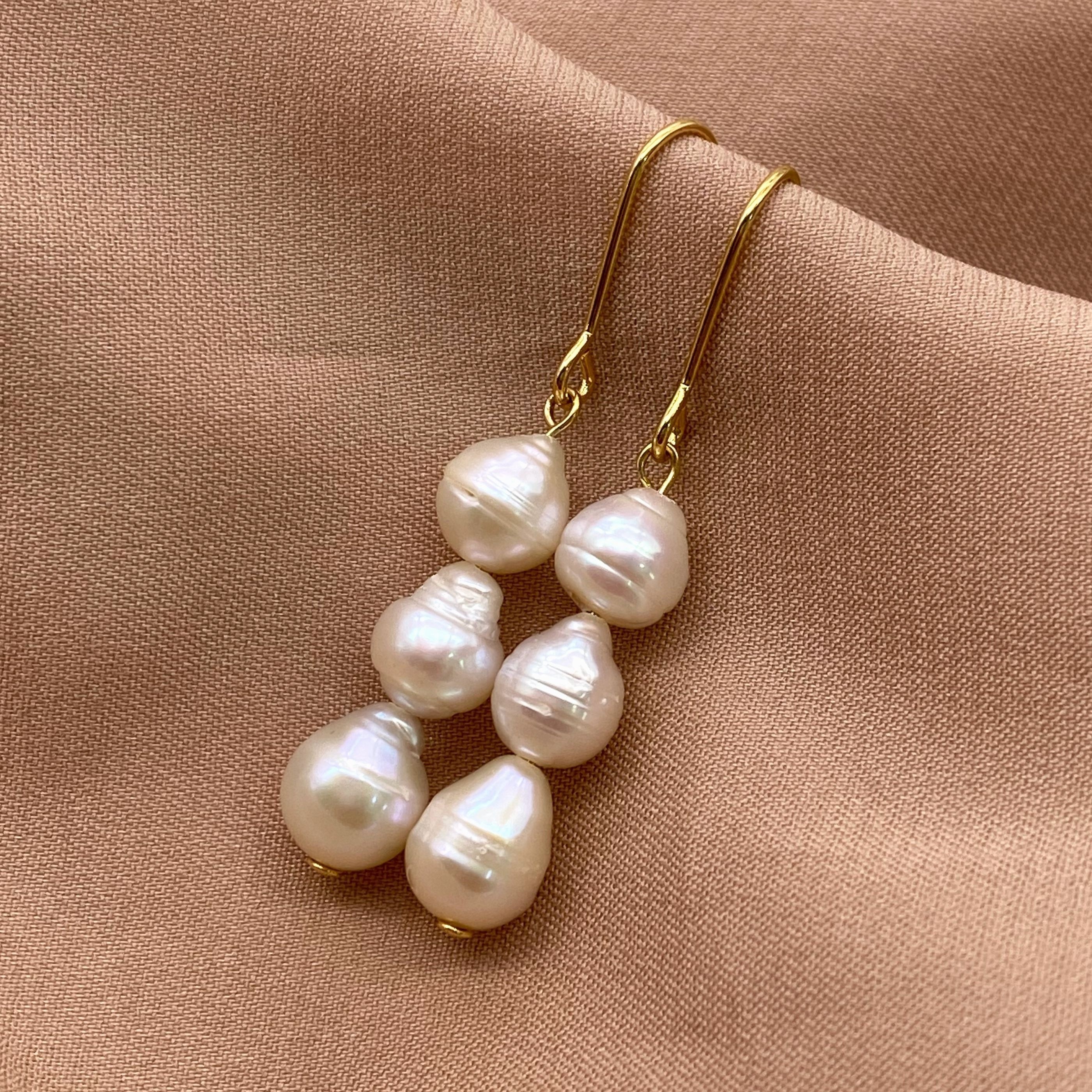 Elegant Three-Shell Pearl Pendant Earrings, Gift for Women